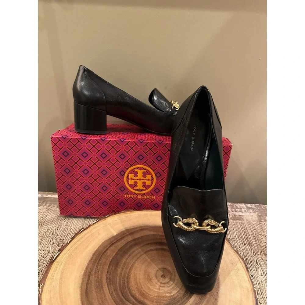 Tory Burch Women's Jessa Leather Heeled Loafer Black Block Heel Gold Links 9.5
